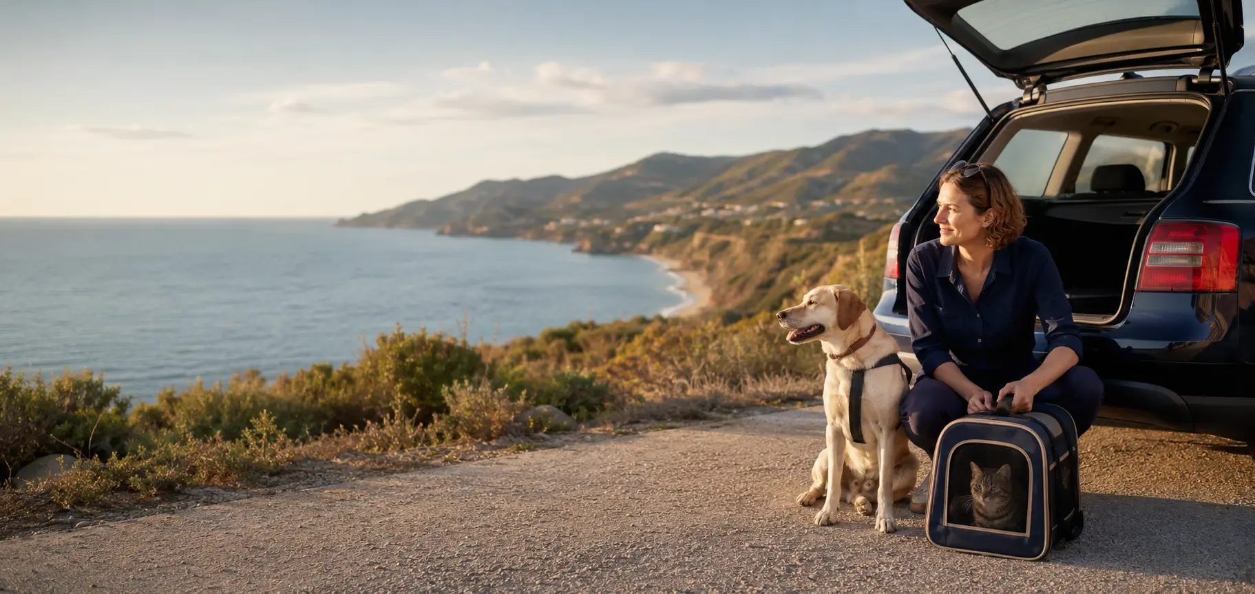 A dog and cat on a private pet journey near the Spanish coast